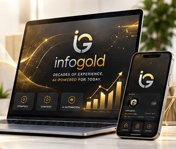 Infogold branded laptop and smartphone showcasing digital marketing and AI